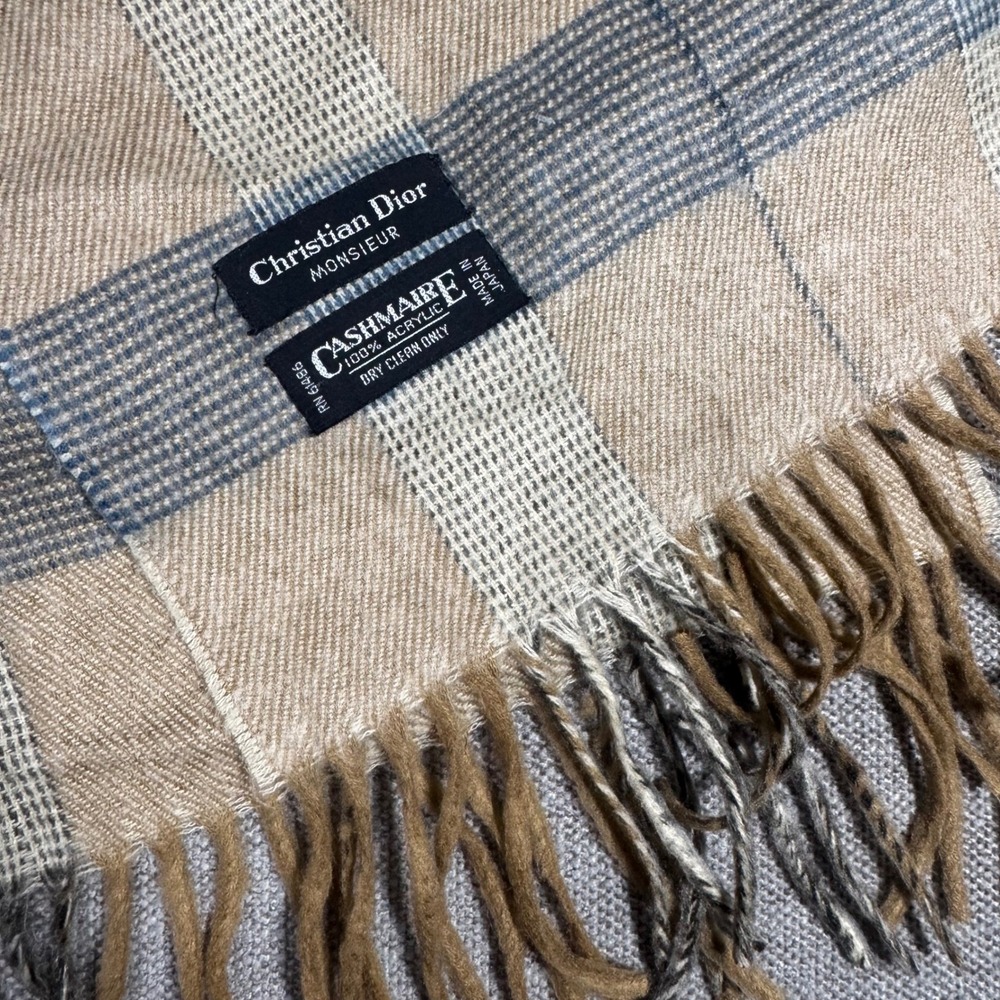 Christian Dior Monsieur Scarf Beige Gray Plaid Fringe Made in Japan